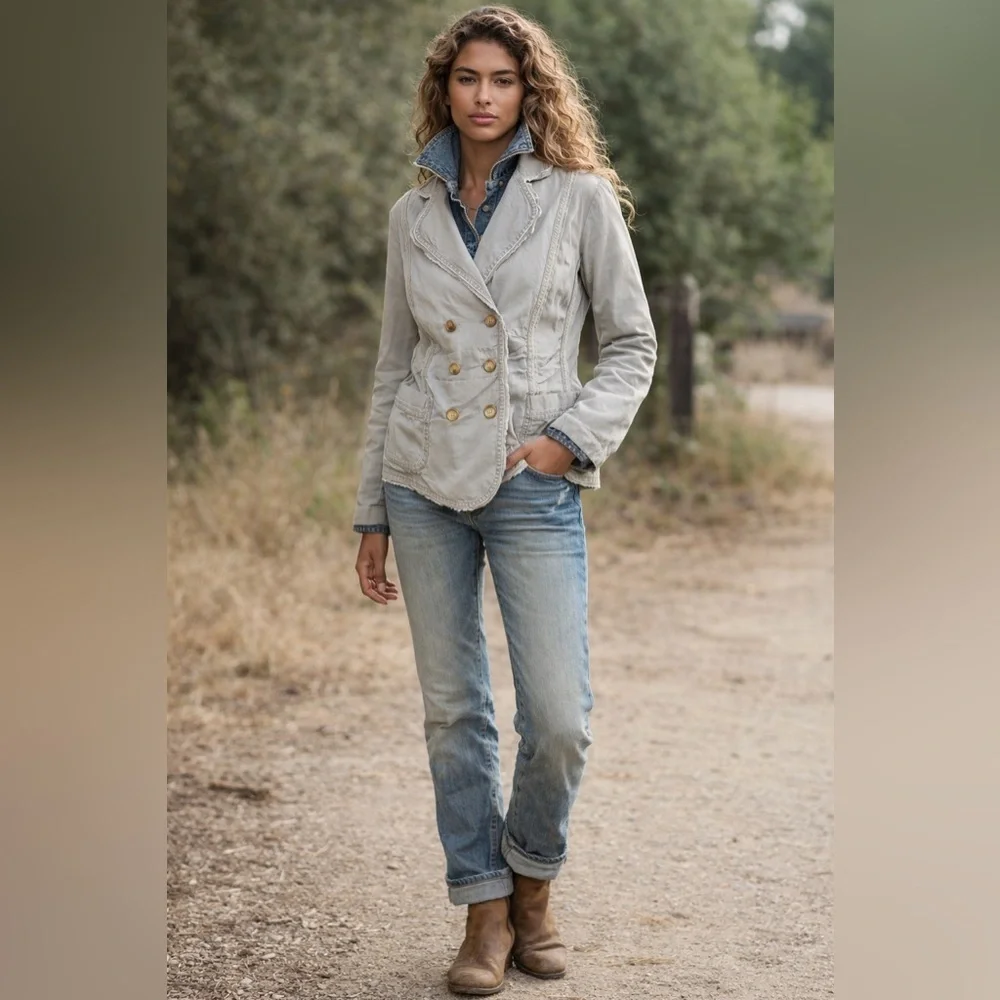 Sundance Gray Cotton Distressed Double Breasted Jacket Size L